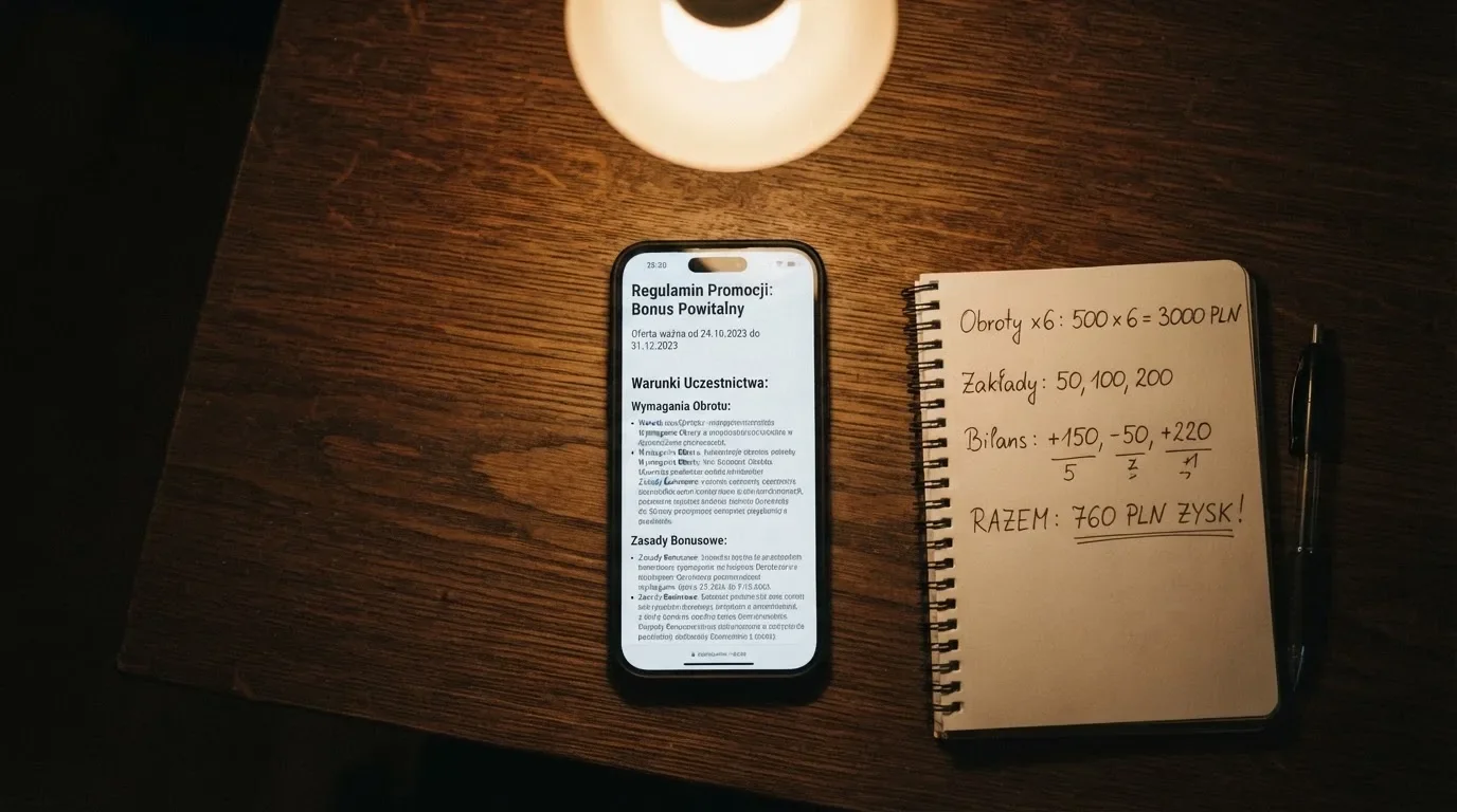 Smartfon z otwartym regulaminem promocji i kalkulator z wyliczeniem obrotu na drewnianym stole